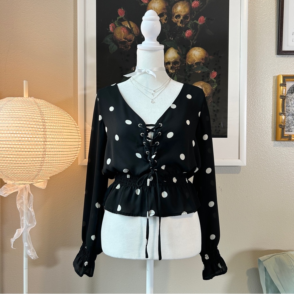 H&M black & white polka dot girly lace up peplum top 2